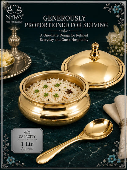 Pure Bronze Kansa Donga | Handcrafted Serving Bowl with Knob Lid & Spoon