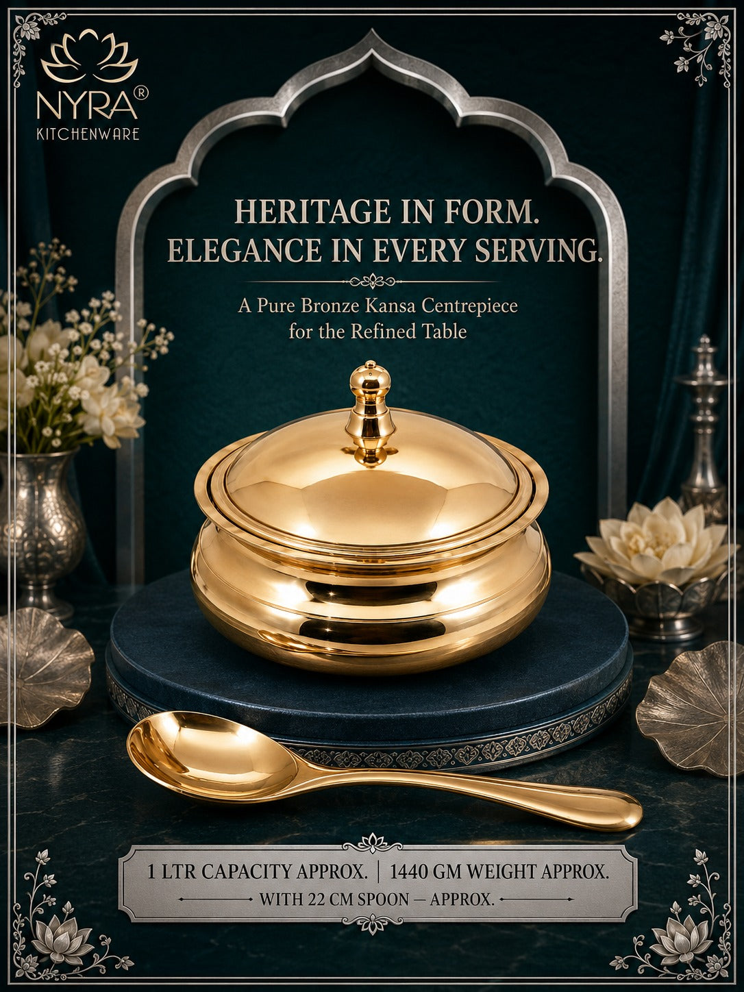 Pure Bronze Kansa Donga | Handcrafted Serving Bowl with Knob Lid & Spoon