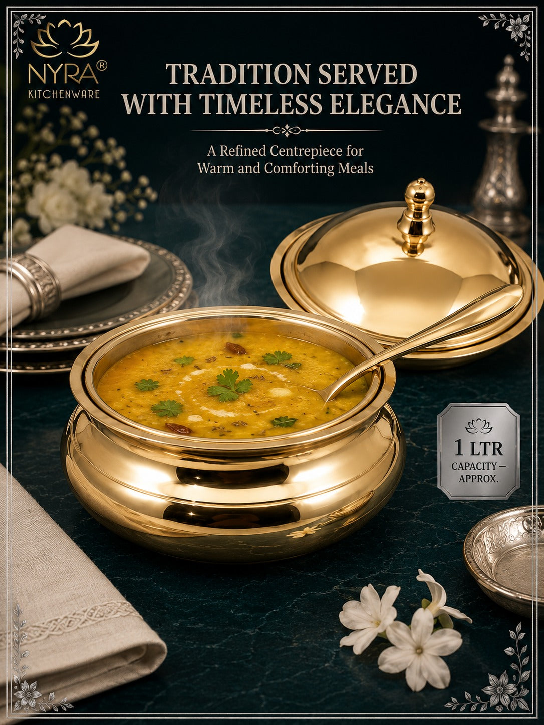 Pure Bronze Kansa Donga | Handcrafted Serving Bowl with Knob Lid & Spoon