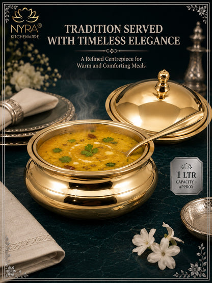 Pure Bronze Kansa Donga | Handcrafted Serving Bowl with Knob Lid & Spoon