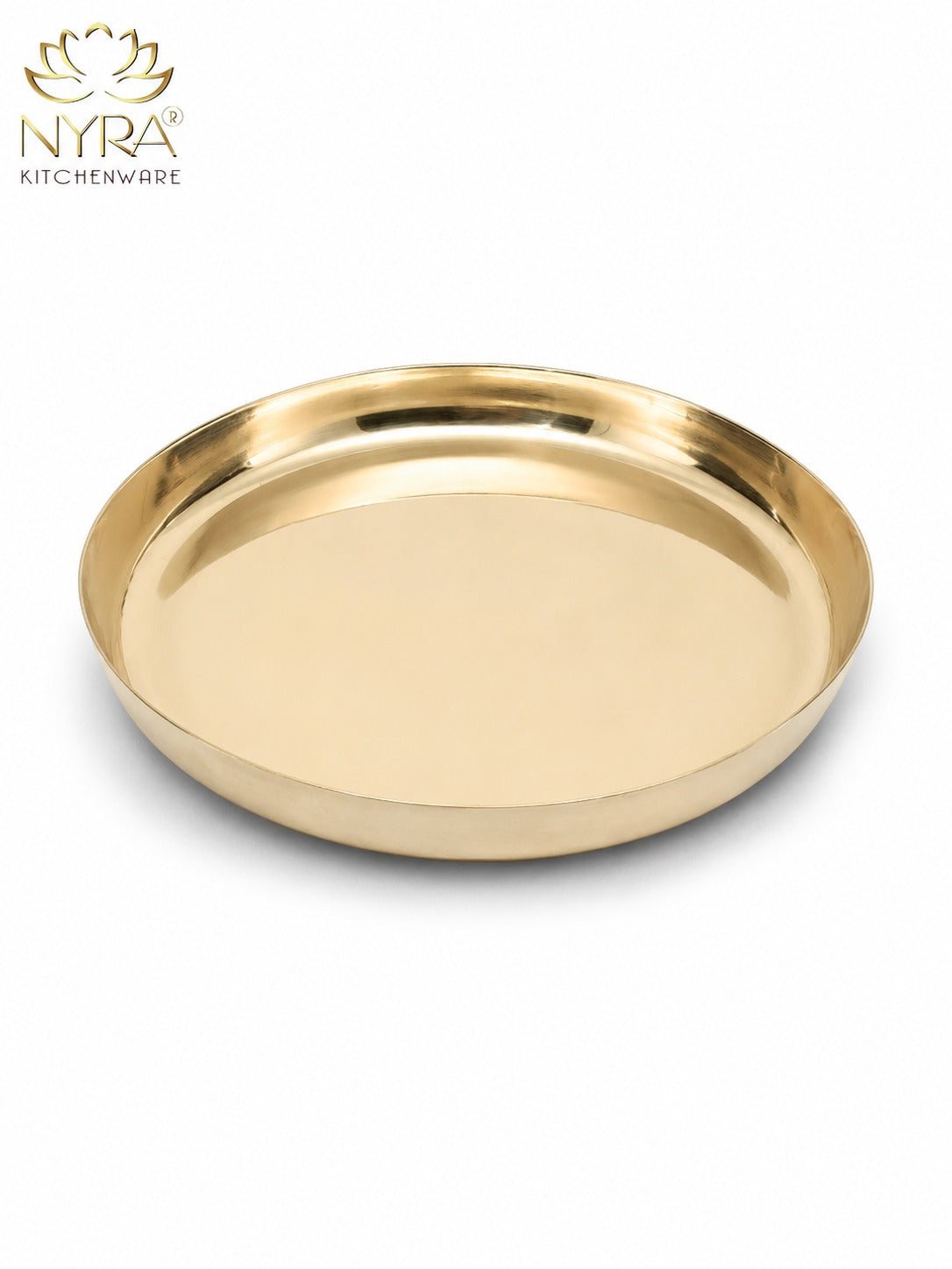A round, shallow gold-colored metal tray with a polished finish, shown on a clean white background with the NYRA Kitchenware logo in the top-left corner.