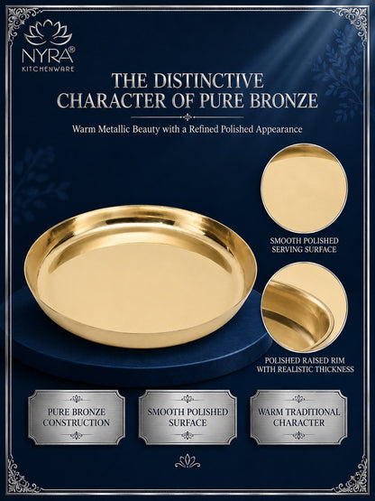 A polished pure bronze serving platter shown on a dark navy promotional graphic with text and inset close-ups. The image includes the NYRA Kitchenware logo and decorative border, with callouts describing the smooth polished surface and raised rim.