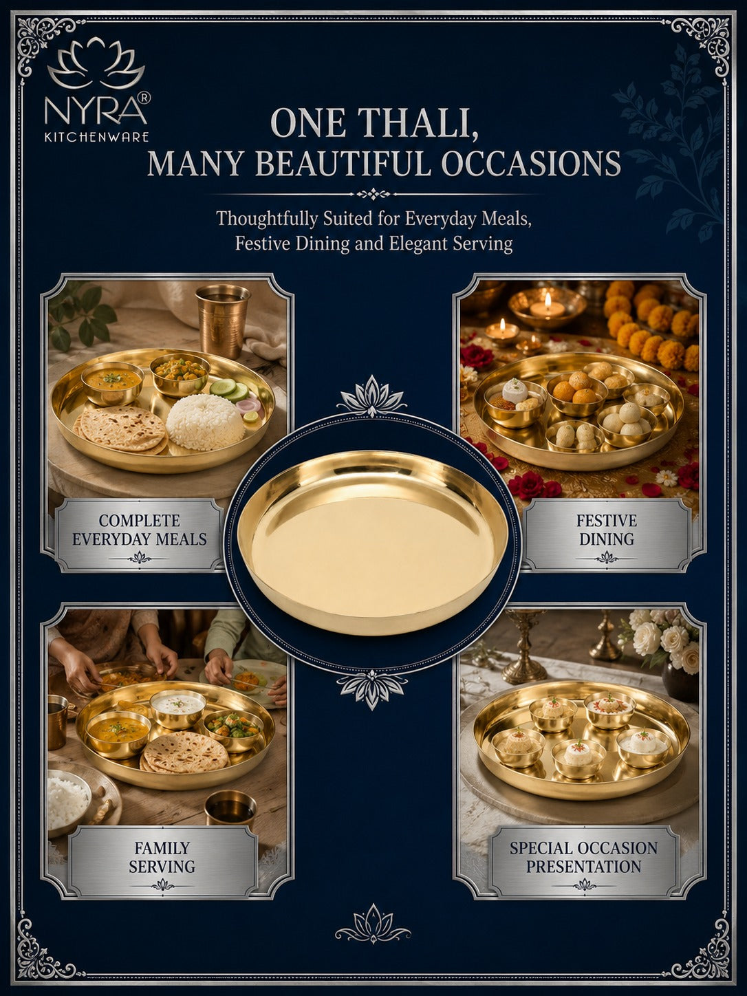 A promotional graphic for a gold-colored round serving platter by Nyra Kitchenware, set against a dark navy blue background with decorative text and four inset images showing the platter used for meals, dining, family serving, and special occasions.
