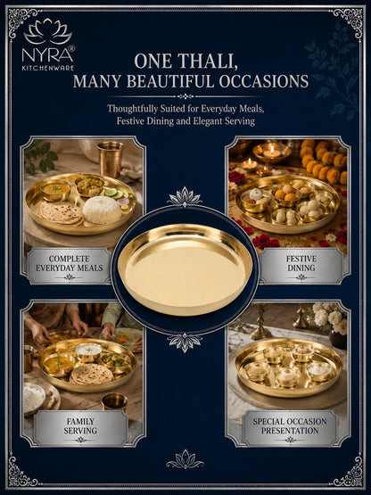 A promotional graphic for a gold-colored round serving platter by Nyra Kitchenware, set against a dark navy blue background with decorative text and four inset images showing the platter used for meals, dining, family serving, and special occasions.