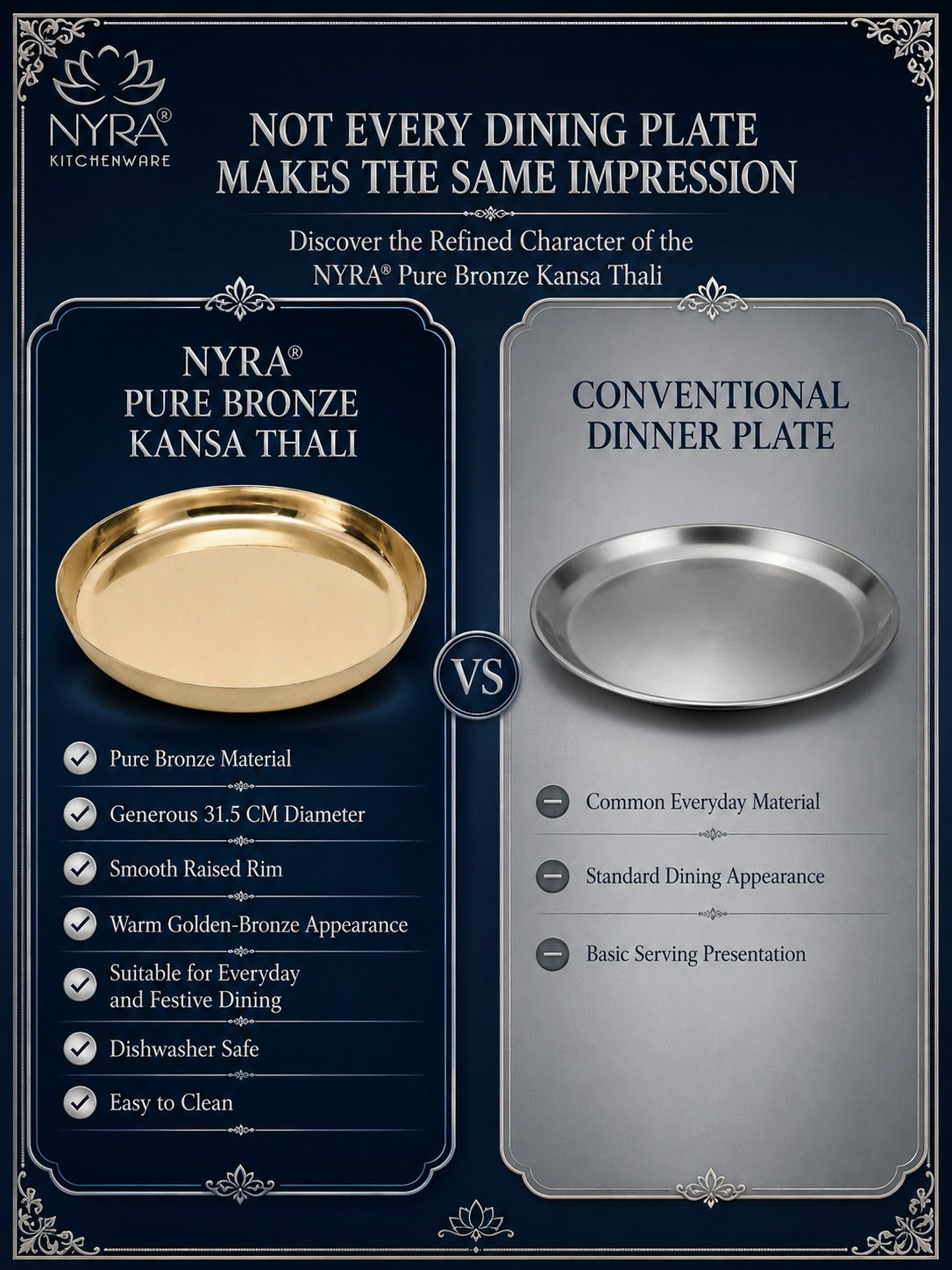 A promotional comparison graphic for a NYRA Pure Bronze Kansa Thali dining plate, showing a gold-toned bronze plate on the left and a silver conventional plate on the right, with text comparing material, size, appearance, and suitability.