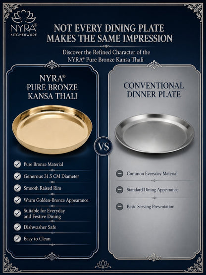 A promotional comparison graphic for a NYRA Pure Bronze Kansa Thali dining plate, showing a gold-toned bronze plate on the left and a silver conventional plate on the right, with text comparing material, size, appearance, and suitability.