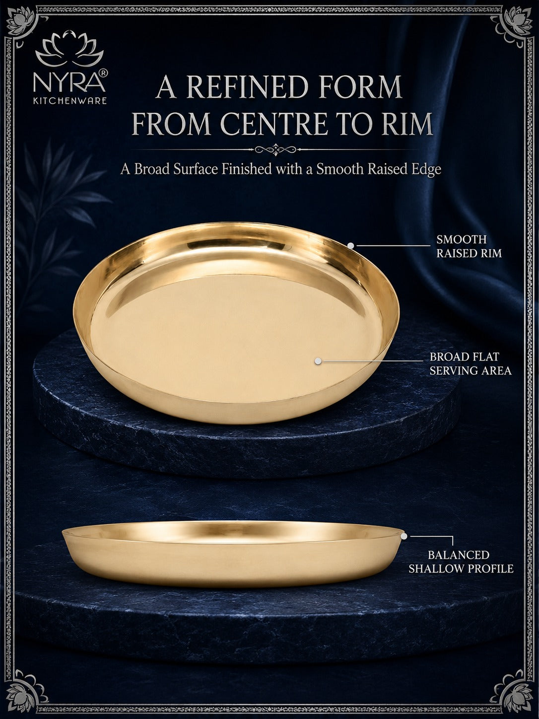 Gold-colored NYRA Kitchenware serving platter shown in two views on a dark navy background with text highlighting its smooth raised rim, broad flat serving area, and balanced shallow profile.
