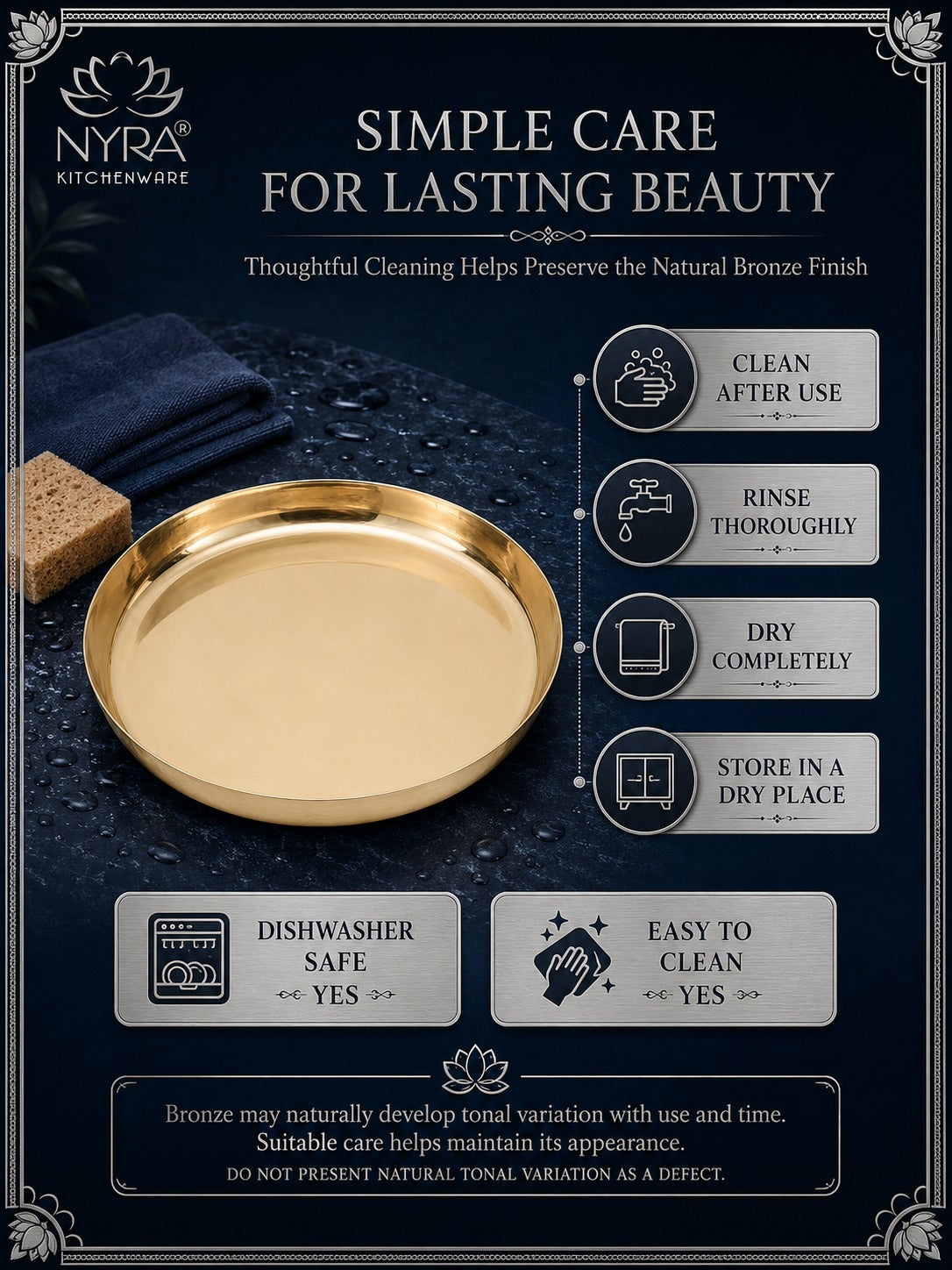 A dark navy promotional graphic for NYRA Kitchenware showing a round brushed-bronze dish tray or plate as the main product. The layout includes the NYRA logo, the text 'SIMPLE CARE FOR LASTING BEAUTY,' care instructions, dishwasher safety, and a note about the natural bronze finish.