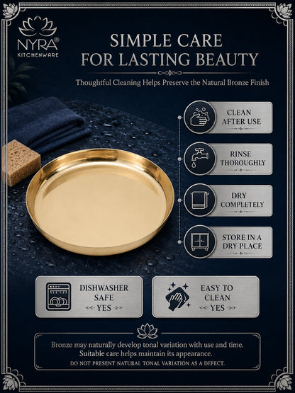 A dark navy promotional graphic for NYRA Kitchenware showing a round brushed-bronze dish tray or plate as the main product. The layout includes the NYRA logo, the text 'SIMPLE CARE FOR LASTING BEAUTY,' care instructions, dishwasher safety, and a note about the natural bronze finish.
