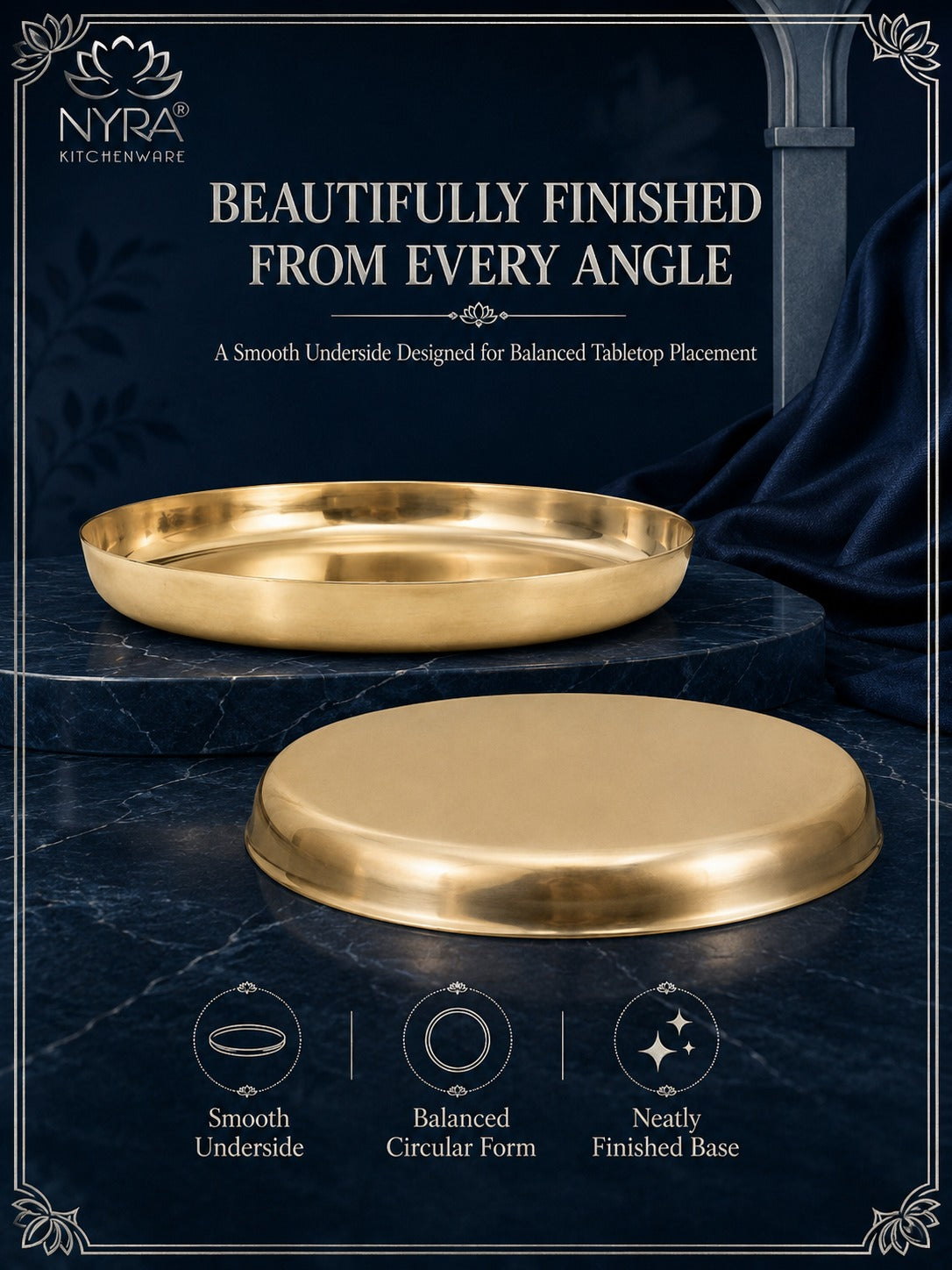 A gold-colored round metal tray with a smooth underside, displayed on a dark marble pedestal and draped navy blue fabric. The image includes marketing text and feature icons at the top and bottom.