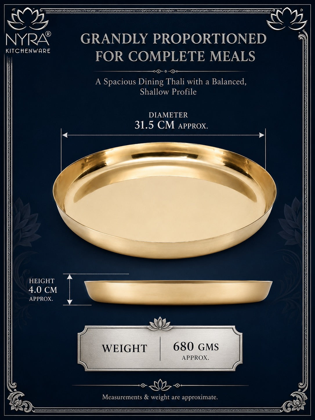 A gold-colored oval serving platter shown on a dark navy blue background with decorative text and dimension lines indicating its diameter of 31.5 cm, height of 4.