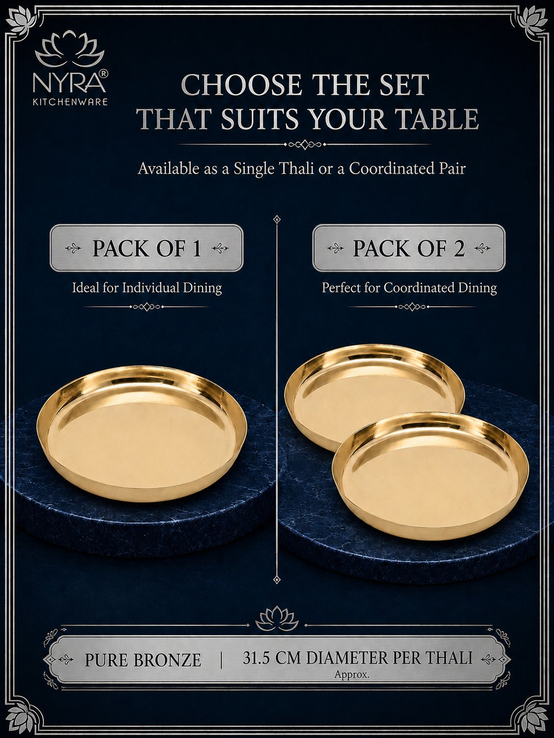 A promotional graphic for NYRA Kitchenware showing two round brass thali plates on a dark navy background with text options for Pack of 1 and Pack of 2.