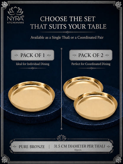 A promotional graphic for NYRA Kitchenware showing two round brass thali plates on a dark navy background with text options for Pack of 1 and Pack of 2.