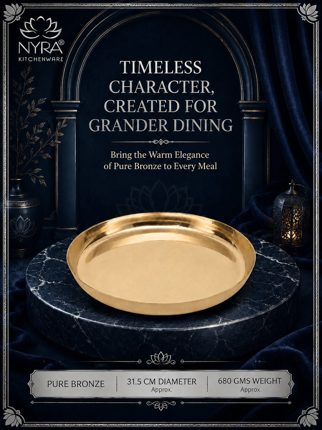 A gold-toned round serving platter displayed on a dark marble pedestal against a dark blue draped background. The image includes promotional text for NYRA Kitchenware, describing the item as pure bronze, 31.