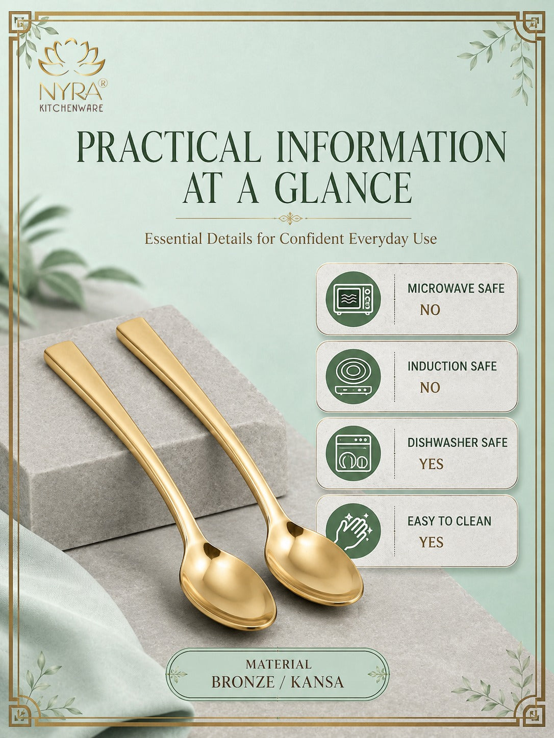 A product information graphic for NYRA Kitchenware showing two gold-toned bronze/kansa spoons on a light gray block. The design has a pale mint green background with decorative borders, text stating 'PRACTICAL INFORMATION AT A GLANCE,' and feature callouts for microwave safe, induction safe, dishwasher safe, and easy to clean.