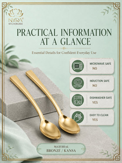 A product information graphic for NYRA Kitchenware showing two gold-toned bronze/kansa spoons on a light gray block. The design has a pale mint green background with decorative borders, text stating 'PRACTICAL INFORMATION AT A GLANCE,' and feature callouts for microwave safe, induction safe, dishwasher safe, and easy to clean.