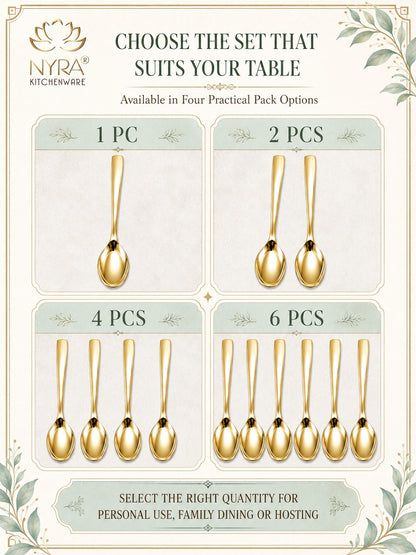 A promotional graphic for NYRA kitchenware showing four different pack sizes of gold-colored spoons: 1 piece, 2 pieces, 4 pieces, and 6 pieces. The image features a clean, symmetrical layout with a cream background, elegant botanical corner details, and clear text indicating the product is available in four practical pack options.