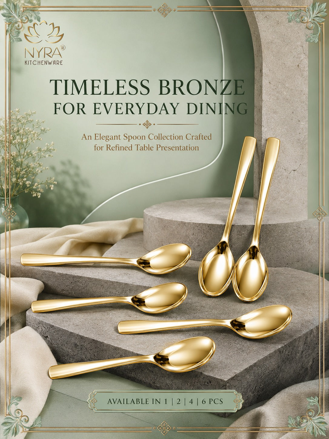 A set of six NYRA kitchenware timeless bronze spoons with polished gold-toned handles, displayed on a styled background of gray stone blocks and beige fabric. The image features a green and beige graphic design with text reading 'TIMELESS BRONZE FOR EVERYDAY DINING' and the NYRA KITCHENWARE logo.
