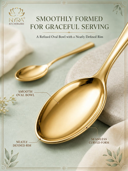 Gold-colored NYRA kitchenware oval bowl shown in a styled flat-lay with text overlays highlighting its smooth oval shape and neat defined rim on a soft sage green background.