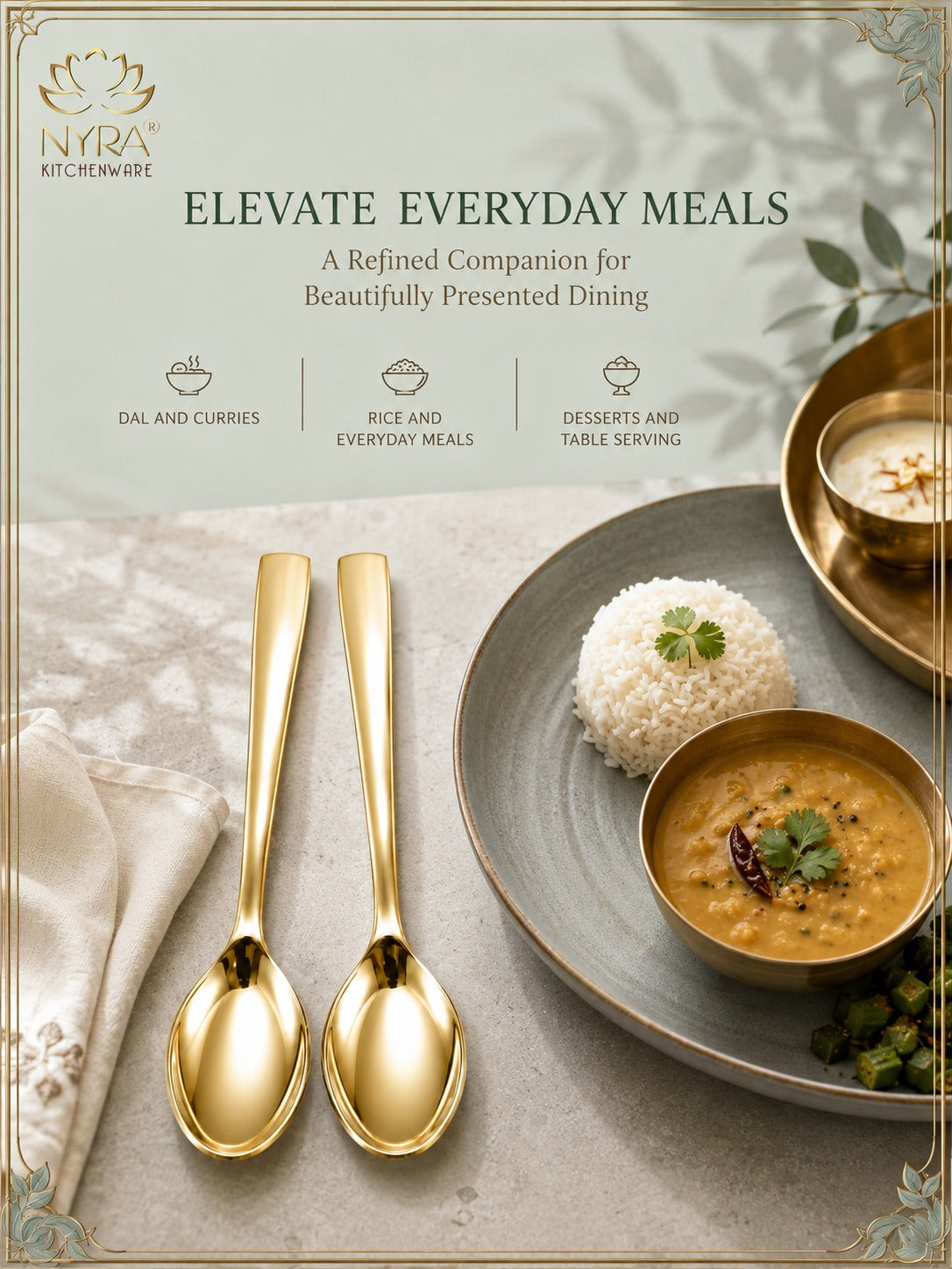 Gold-toned dinnerware set from NyrA Kitchenware, featuring two elegant spoons and a matching bowl, styled on a plate with rice and curry in a beautifully presented dining setting.