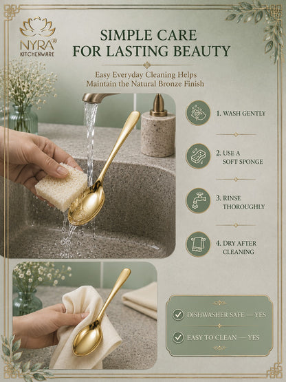 A promotional graphic for NYRA KITCHENWARE showing a gold spoon being cleaned in a sink with running water, alongside text instructions for simple care and a product feature badge. The design uses a warm beige and sage green color palette with decorative borders.
