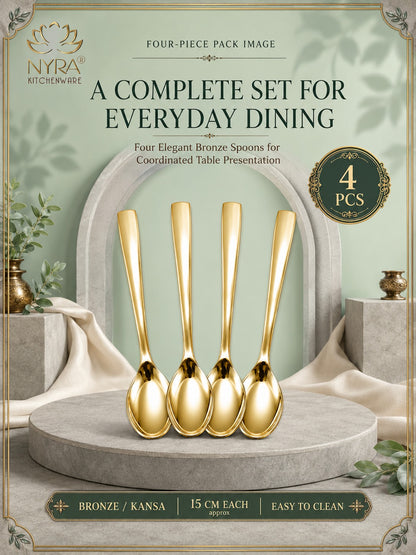 Four elegant bronze kitchen spoons displayed upright on a round stone pedestal, with decorative draped fabric and a soft green background. Text at the top reads 'A COMPLETE SET FOR EVERYDAY DINING' and the NYRA Kitchenware logo appears in the upper left.