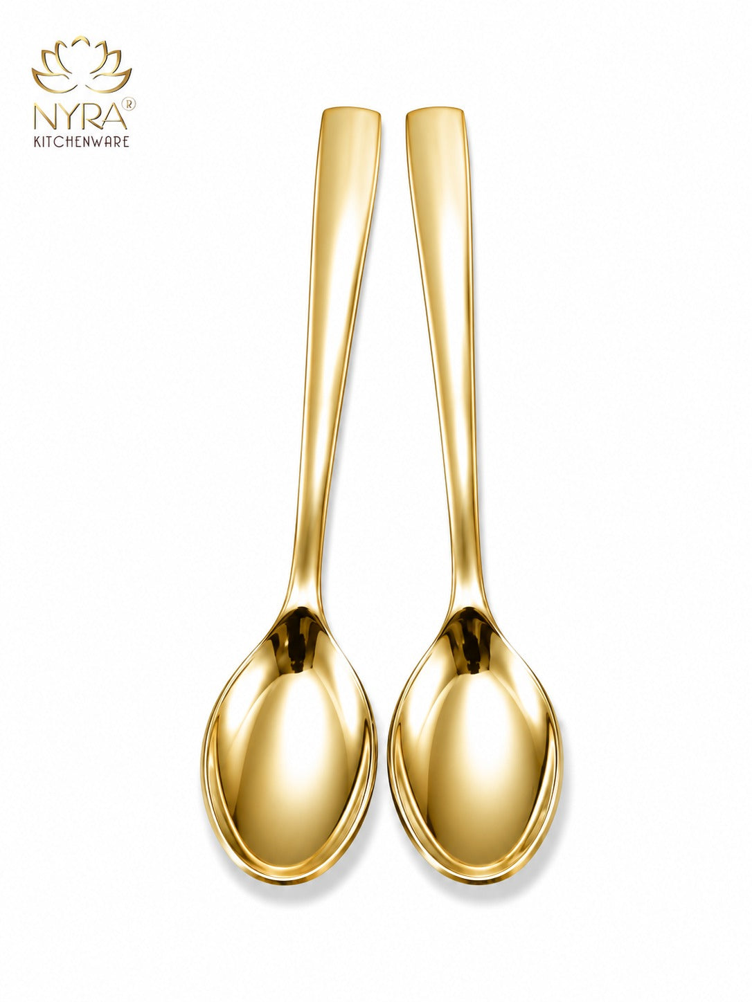 Two gold-colored NYRA kitchenware spoons shown vertically side-by-side on a clean white background with the NYRA Kitchenware logo in the top-left corner.
