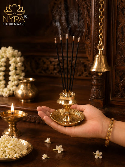 Brass Akhand Jyoti Diya with Borosiliate Glass Cover and Agarbatti stand Set/Combo