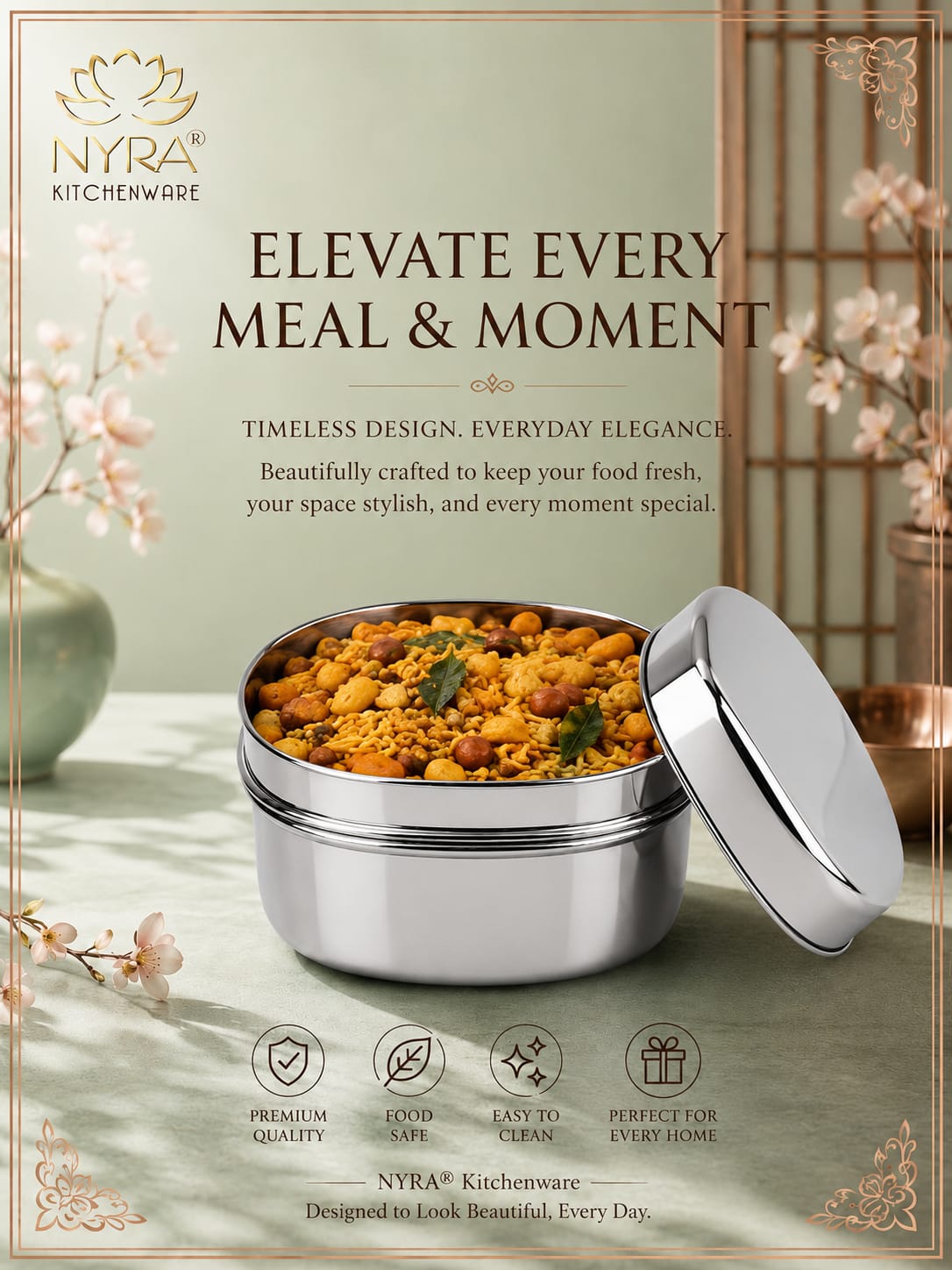 Stainless Steel Square Storage Container with Fitted Lid – Glossy Mirror Finish Multi-Purpose Steel Box for Food, Dry Snacks and Accessories