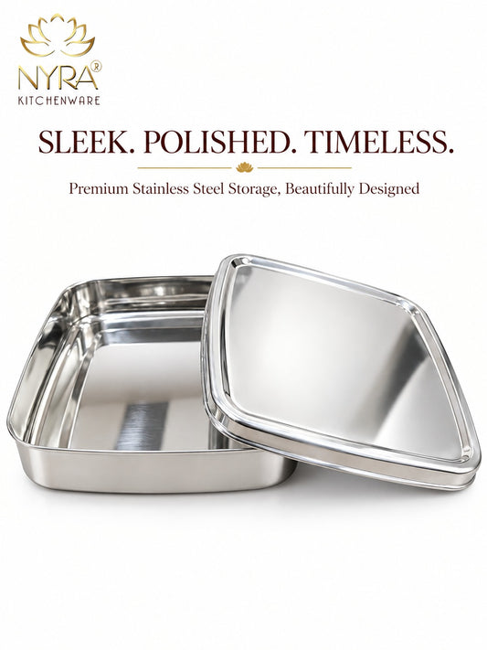 Stainless Steel Multipurpose Sleek Storage Box | Flat Glossy Mirror Finish Container for Dry Fruits, Snacks & Sweets |