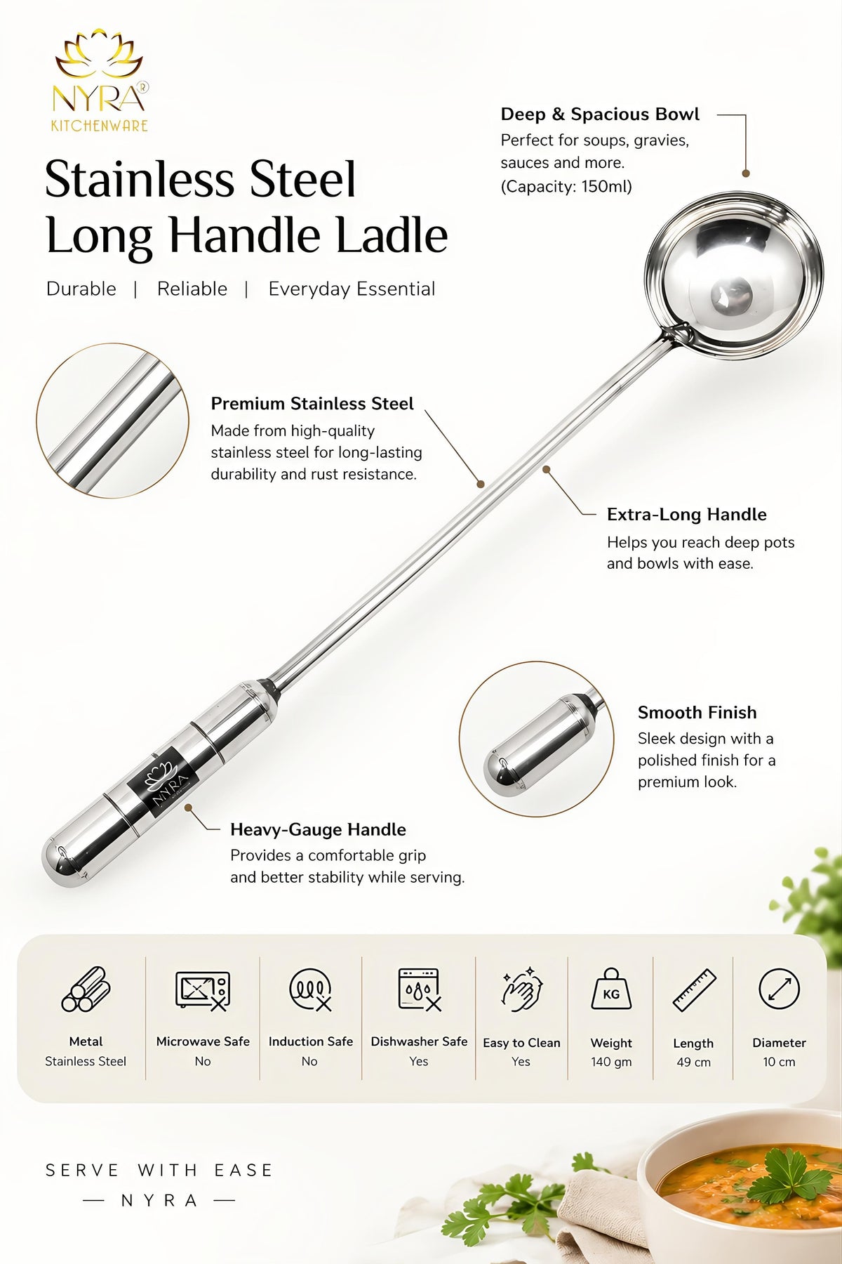 Stainless Steel Long Handle Ladle | Durable Heavy Gauge Handle - Serving Spoon
