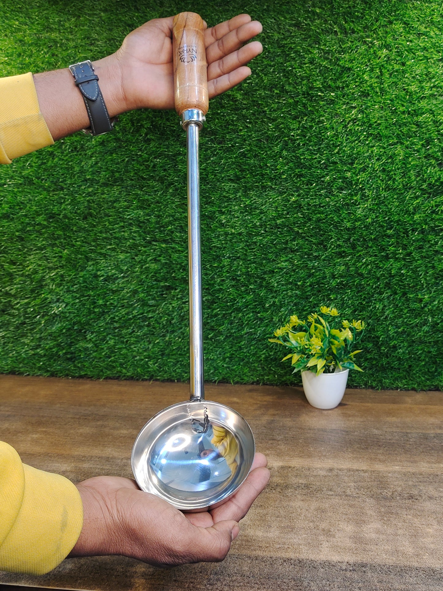 Stainless Steel Ladle, Dabbu, Golchi, Karchi, Chamcha with Wooden Handle