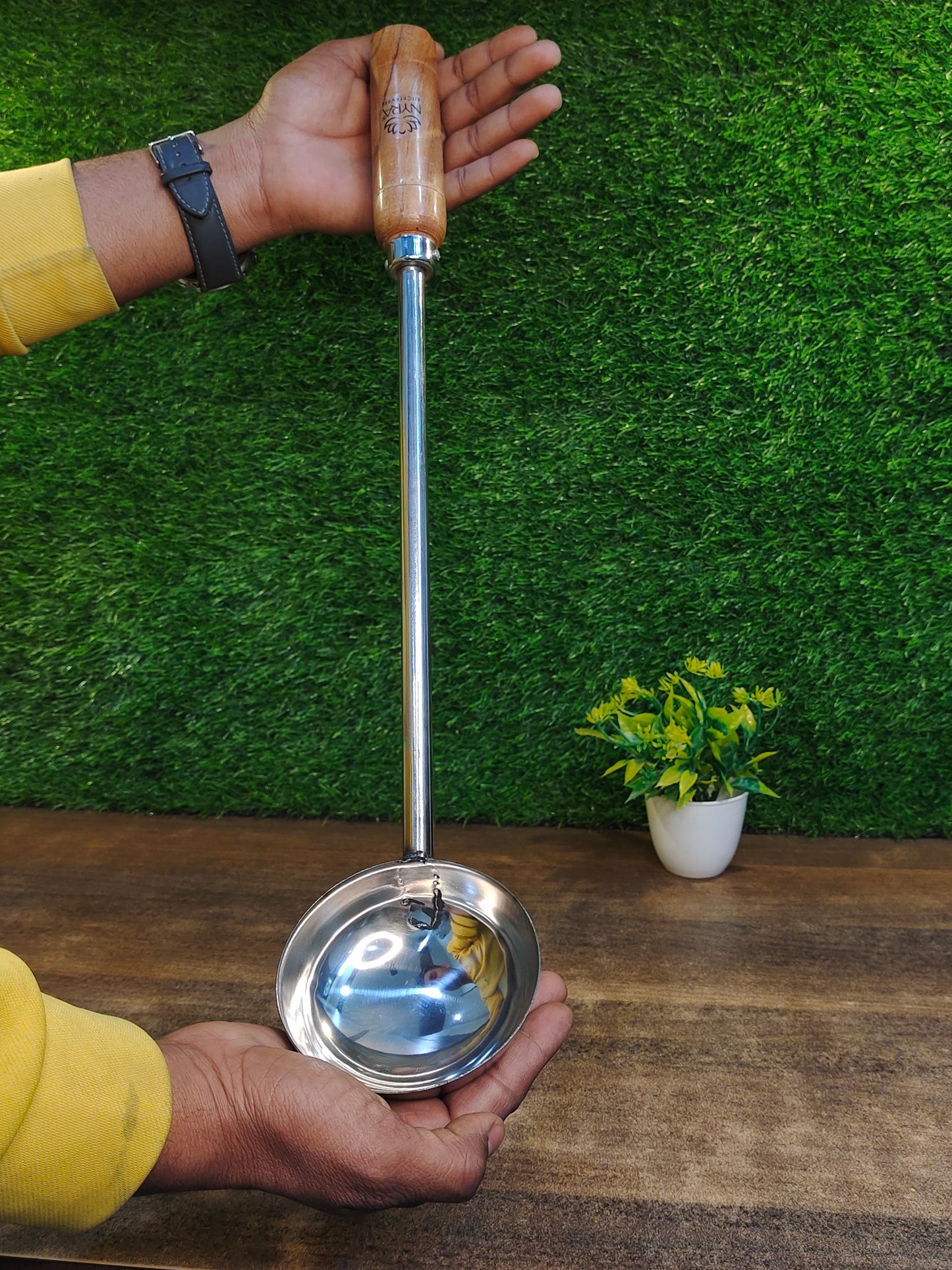 Stainless Steel Ladle, Dabbu, Golchi, Karchi, Chamcha with Wooden Handle