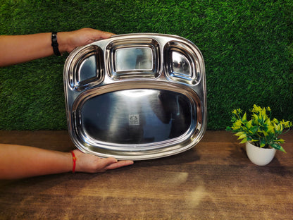 Stainless-Steel rectangle-shaped Bhojan Thali | Sturdy 4 in 1 compartments | Glossy finish Dosa Thali