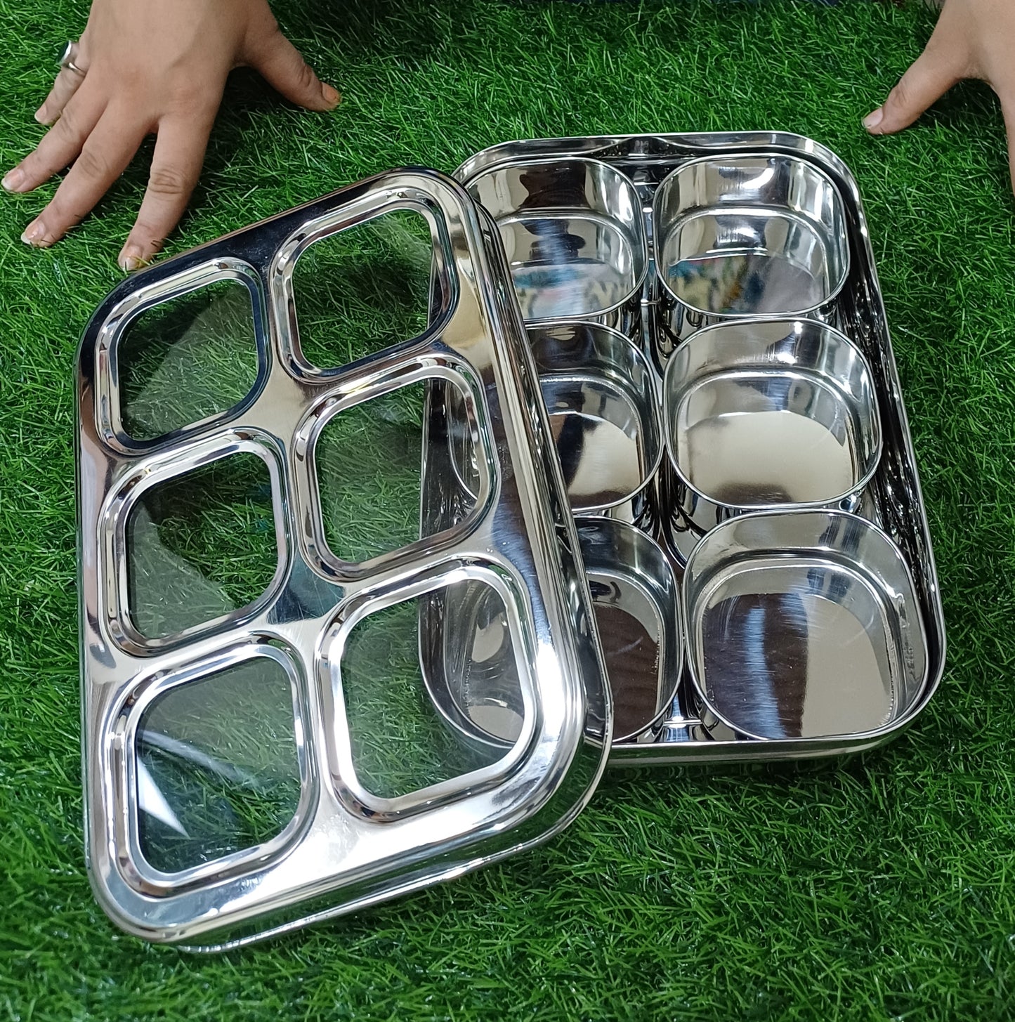 Stainless Steel 6 Compartment Dry Fruit/Spice Box for Kitchen Organization - See-Through Lid Masala/Dry Fruit Box