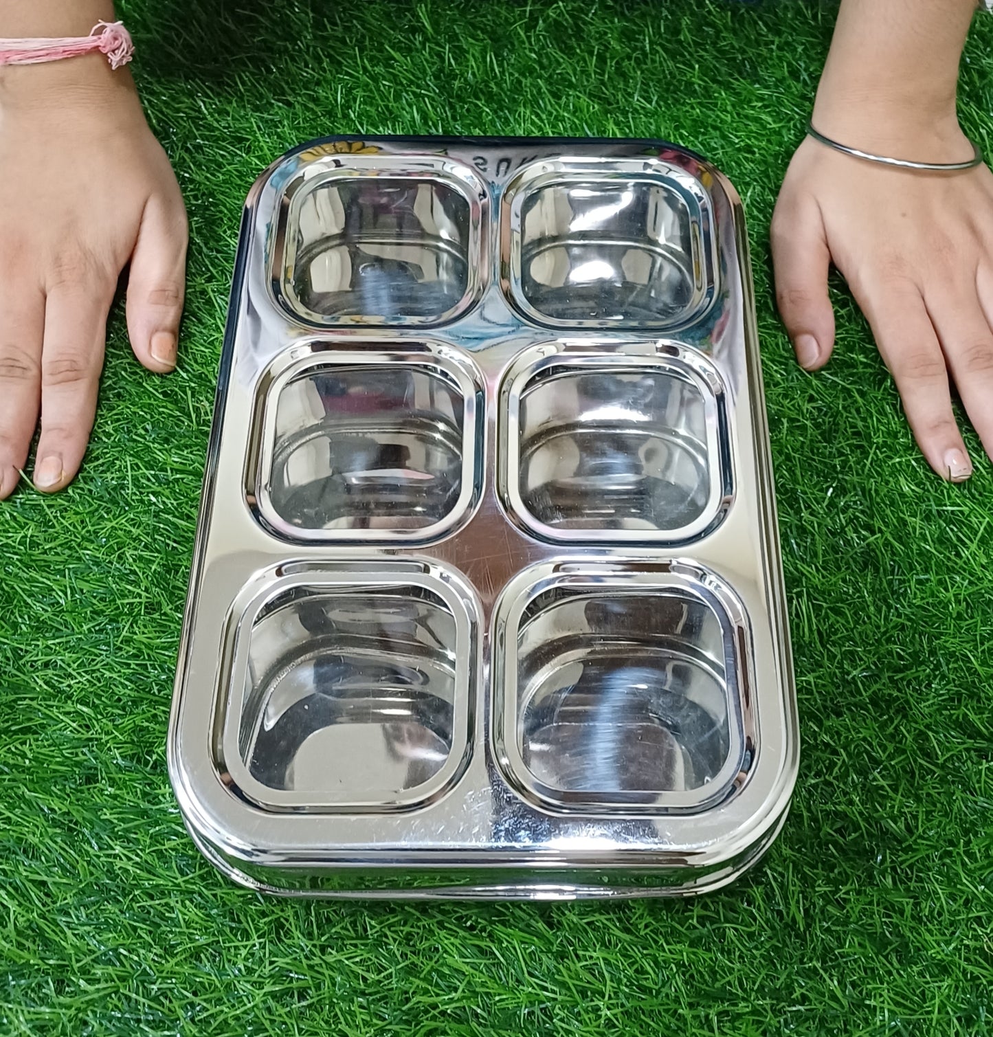 Stainless Steel 6 Compartment Dry Fruit/Spice Box for Kitchen Organization - See-Through Lid Masala/Dry Fruit Box