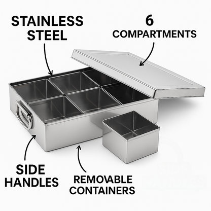 Stainless steel compartmentalized container with features highlighted on a white background
