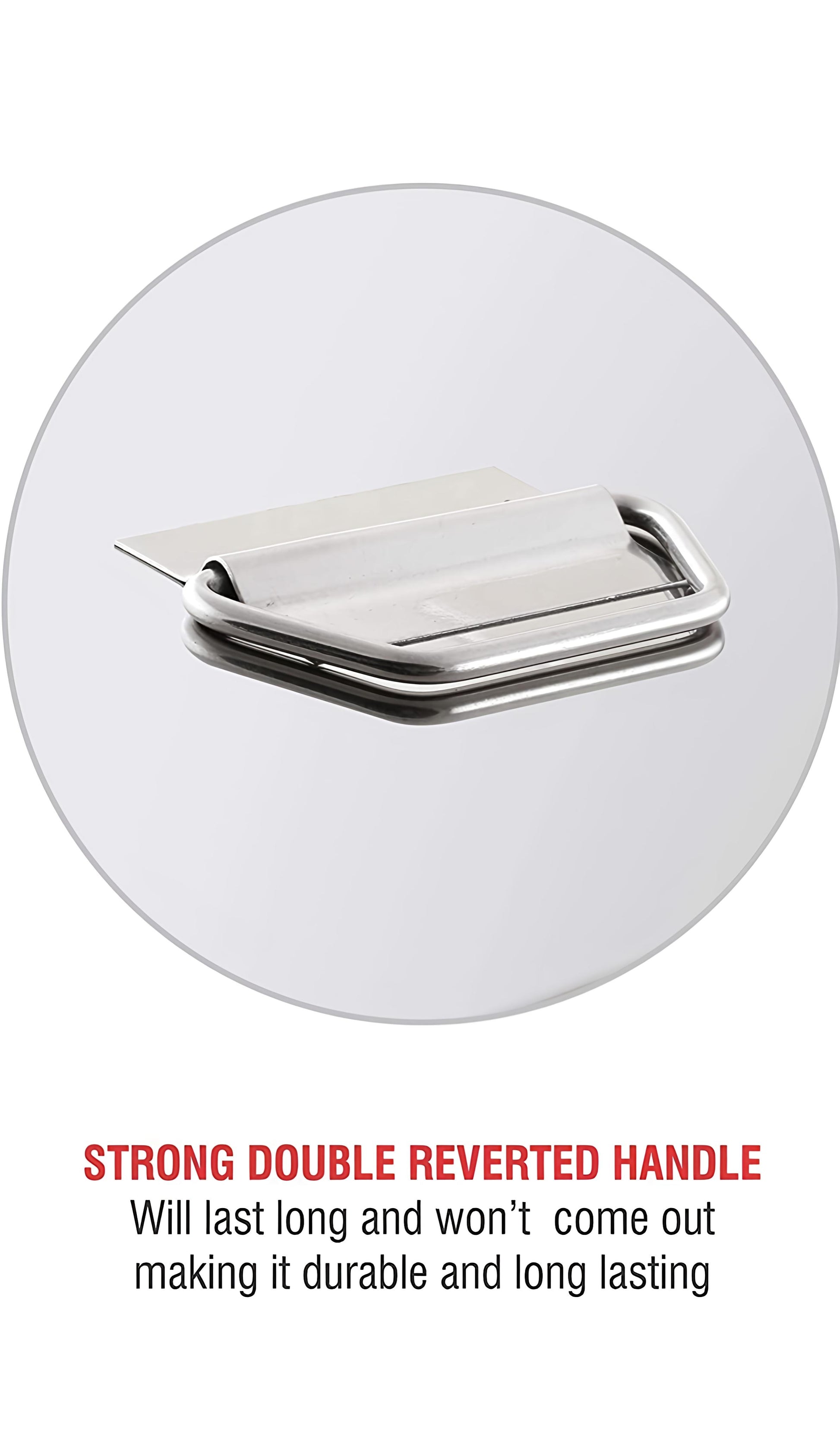 Strong double reverted handle on a white background with text highlighting durability.