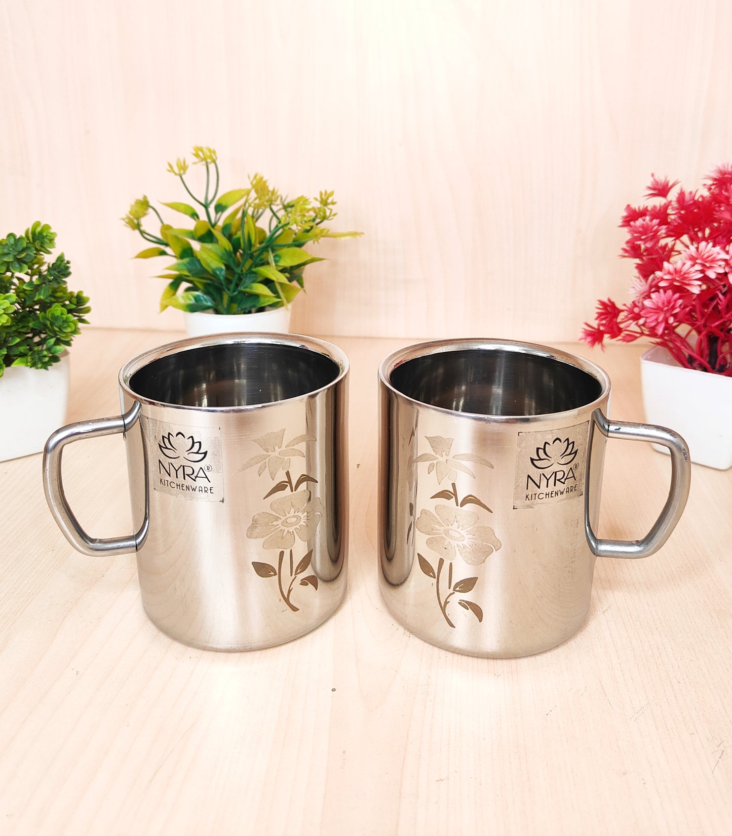Stainless Steel Double-walled Mug Set | Floral Laser Printed Cup Set of 2 Pieces