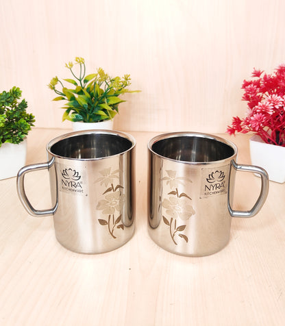Stainless Steel Double-walled Mug Set | Floral Laser Printed Cup Set of 2 Pieces