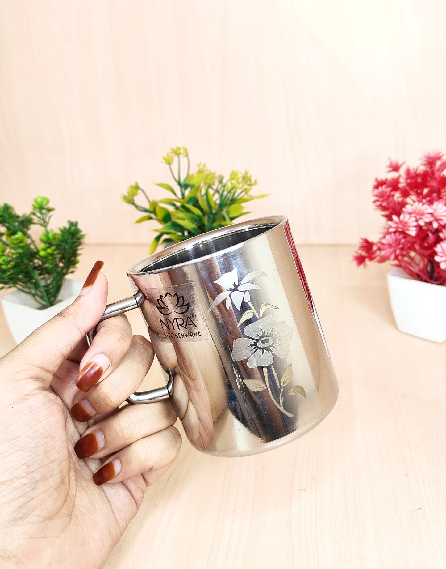 Stainless Steel Double-walled Mug Set | Floral Laser Printed Cup Set of 2 Pieces