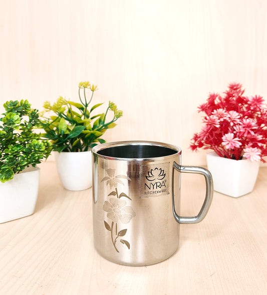 Stainless Steel Double-walled Mug Set | Floral Laser Printed Cup Set of 2 Pieces