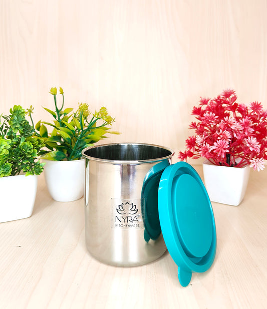Stainless steel container with a blue lid on a light surface with plants in the background