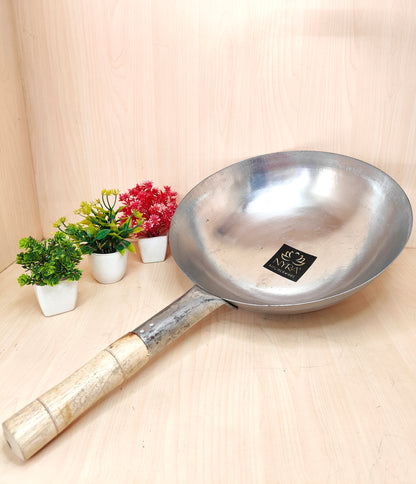 Iron Chinese Wok/Kadhai with Wooden Handle | Heavy-Duty Iron Kadai