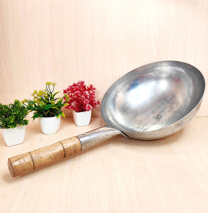 Iron Chinese Wok/Kadhai with Wooden Handle | Heavy-Duty Iron Kadai