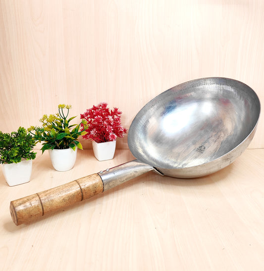 Iron Chinese Wok/Kadhai with Wooden Handle | Heavy-Duty Iron Kadai