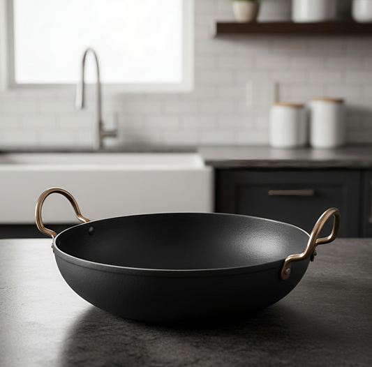 Pure Iron Wok/Deep Kadhai with Sturdy Handle | Black Loha Kadhai - 4 Sizes