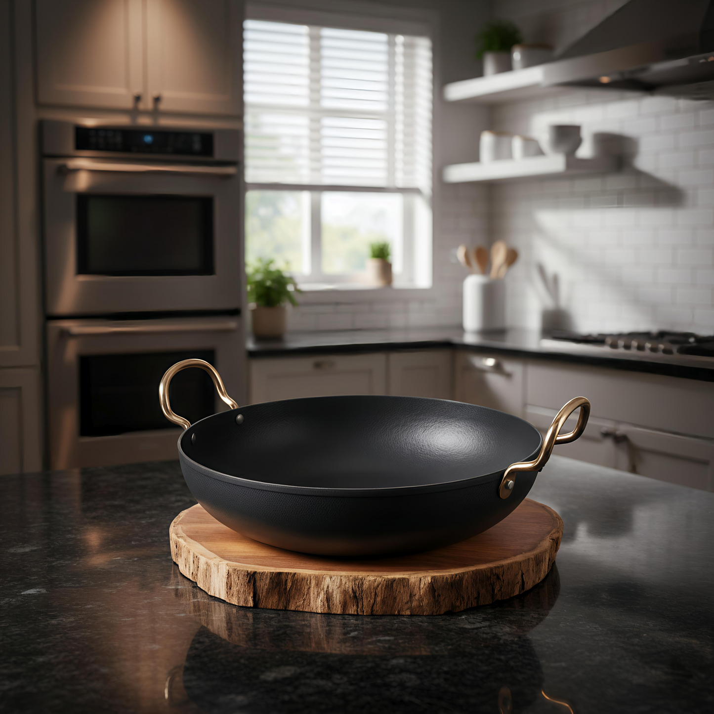 Pure Iron Wok/Deep Kadhai with Sturdy Handle | Black Loha Kadhai - 4 Sizes