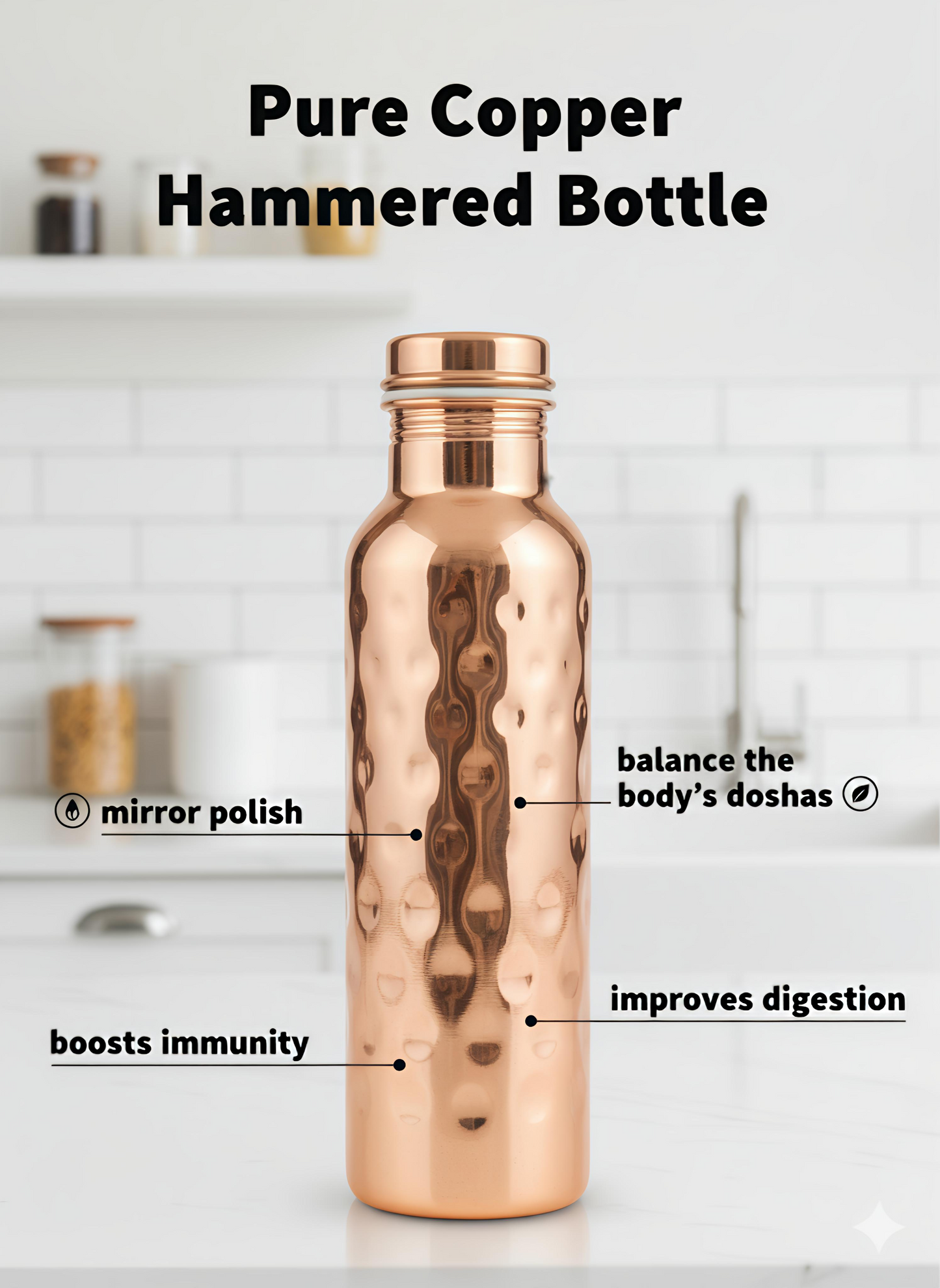 Pure Copper Hammered Water Bottle – Mirror Finish, Leak-Proof & Ayurvedic Health Benefits