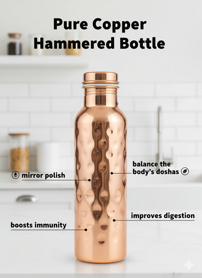 Pure Copper Hammered Water Bottle – Mirror Finish, Leak-Proof & Ayurvedic Health Benefits